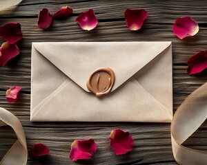 A vintage-style envelope sealed with wax, surrounded by rose petals, placed on a wooden surface, with a delicate ribbon tying the scene together.