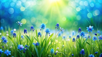 Fototapeta premium Spring meadow background with vibrant blue flowers and lush green grass, spring, meadow, background, blue flowers