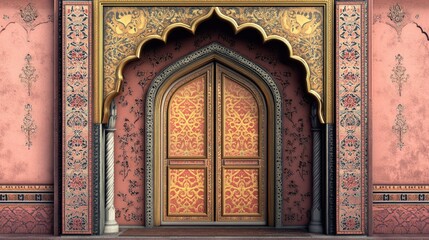 Stunning Indian and Arabic door design with golden patterns on a peach and pink base, framed by a dark background.