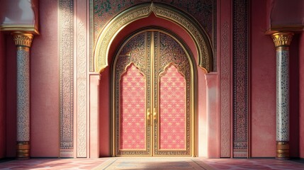 Fototapeta premium Stunning Indian and Arabic door design with golden patterns on a peach and pink base, framed by a dark background.