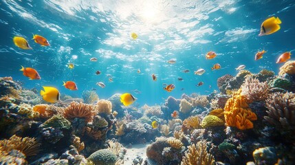 Naklejka premium Vibrant Underwater Coral Reef Paradise: A Symphony of Colors and Marine Life