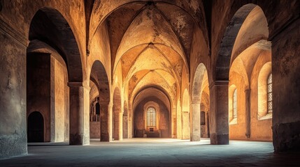 Fototapeta premium The interior of an ancient monastery with grand archways and dim lighting, evoking a sense of wonder and mystery
