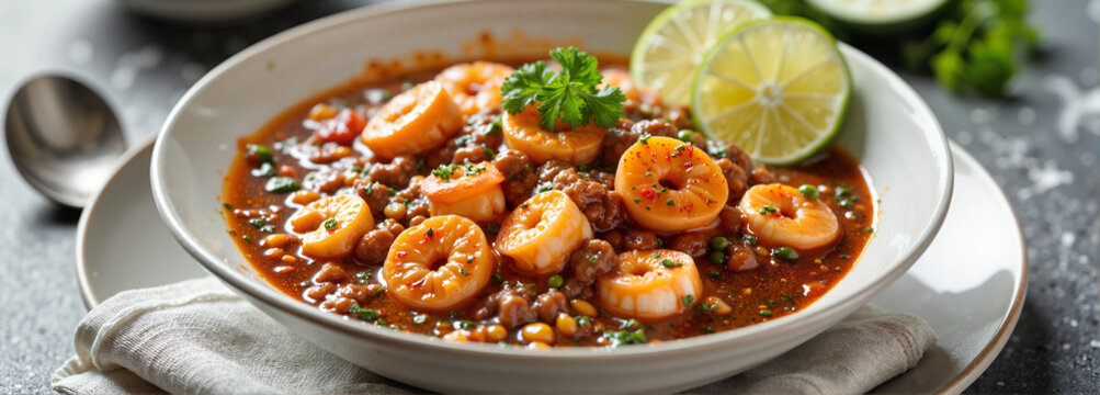 Vibrant chupe de camarones in minimalist kitchen, culinary delight