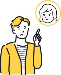 母親に悩む若い男性の指差しイラスト　義母　親戚　客