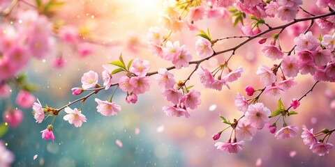 Fototapeta premium Softly falling pink blossoms on a warm summer day create a serene and peaceful atmosphere, tender pink blossoms, blooming flowers