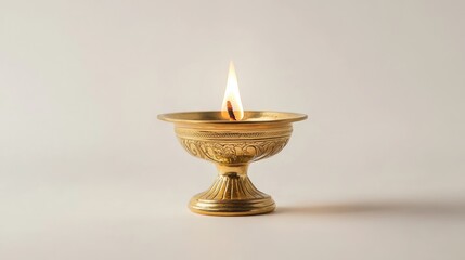 Traditional oil diya lamp burning brightly against a white background, showcasing cultural heritage.