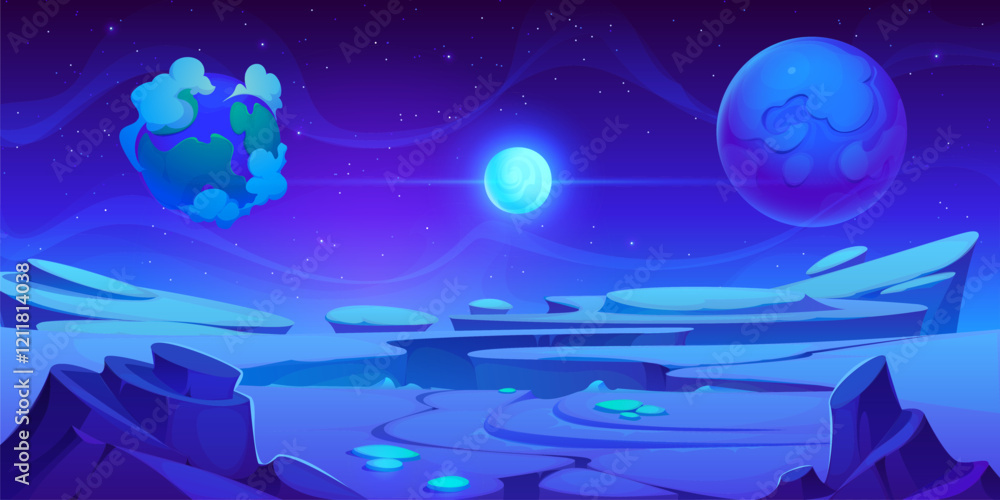 Aufkleber frozen ice blue space planet landscape cartoon background, vector game ui. fantasy blue planet and c