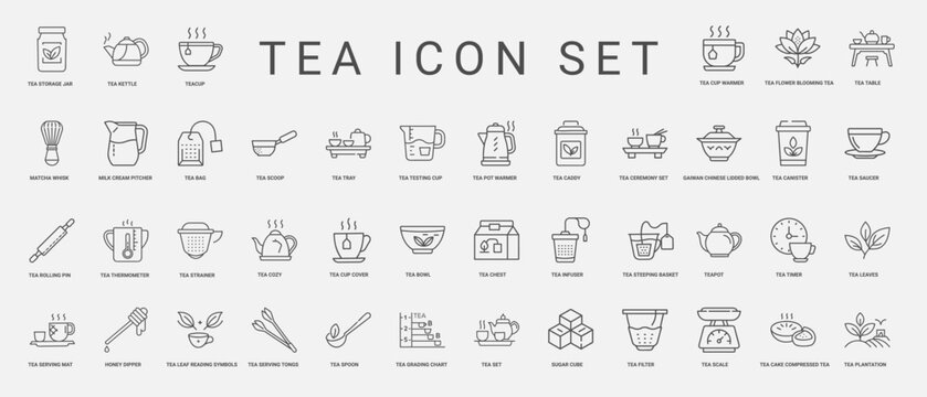 tea ceremony set outline icons, whisk spoon table mat