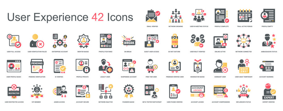 user experience states account status user roles user actions set 42 flat icons, checkmark complete connection bug
