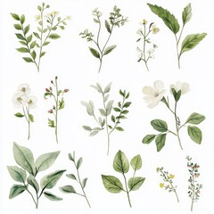 Botanical Illustration of Various Greenery and Floral Elements