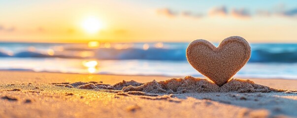 A heart-shaped sand sculpture sits on the beach, with gentle waves and a beautiful sunset in the background, creating a romantic and serene atmosphere.