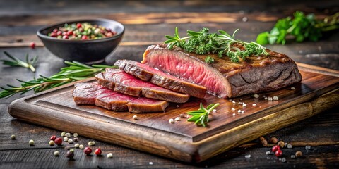 Thinly sliced beef rump steak placed on a black stone table with a rustic wooden plate and garnished with fresh herbs, illuminated by natural light , restaurant, black stone table