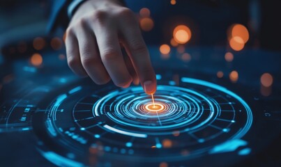 Digital marketing. Businessman touching darts aiming at the target center with icon network connection. Business goal and technology concept, Generative AI