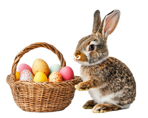 bunny with basket of colorful eggs, perfect for Easter celebrations. This adorable scene captures joy and excitement of holiday season