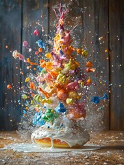 Exploding donut with vibrant colorful sprinkles and icing, creative food photography.