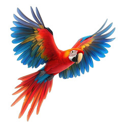 Fototapeta premium 3D Cartoon red and blue macaw flying gracefully through the vibrant sky isolated on transparent background, PNG