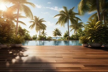 Fototapeta premium Luxurious swimming pool with wooden deck and palm trees overlooking a beautiful tropical ocean at sunset, creating a serene and idyllic vacation setting