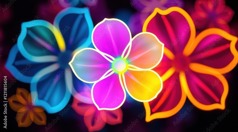 Poster vibrant luminescent flowers illuminating a colorful backdrop with intricate designs and enchanting c