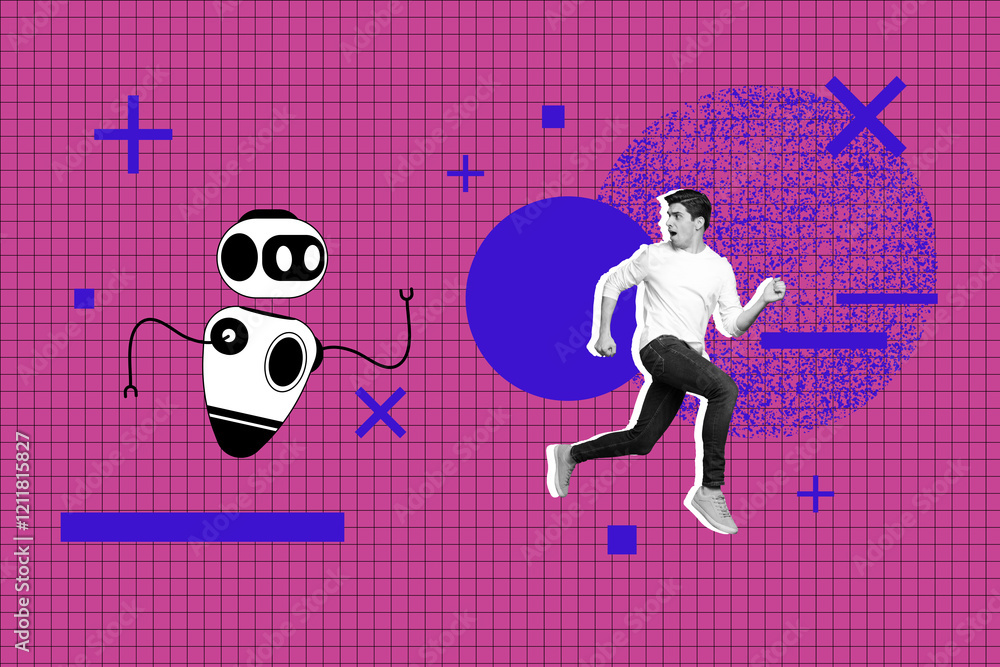 Poster photo cartoon comics sketch collage of puzzled man run robot artificial intellect bot gpt app modern