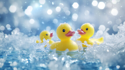 Rubber Ducks Swimming in Water with Bokeh