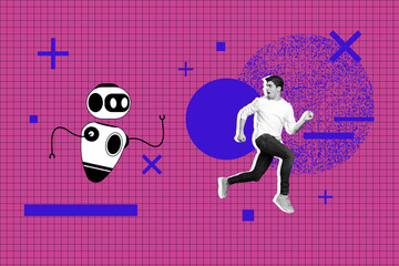 Photo cartoon comics sketch collage of puzzled man run robot artificial intellect bot gpt app...