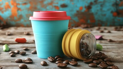 Colorful reusable coffee cups with beans on wood.