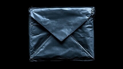 Square package wrapped in dark gray crumpled paper, isolated on black background.