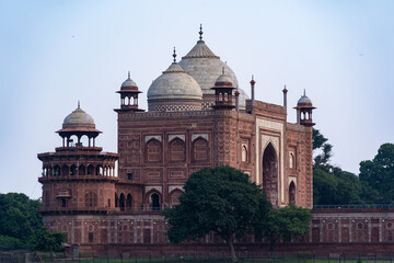 ndia. Uttar Pradesh state. Agra. Taj Mahal. White marble mausoleum built by the Muslim Mughal emperor Shah Jahan in memory of his wife Mumtaz Mahal. Monumental red sandstone pavilion