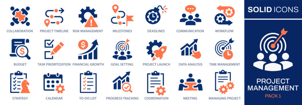 Project management icons, such as collaboration, workflow, milestones, deadlines and more. Vector illustration. Easily changes to any color.