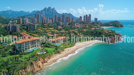 Obraz premium Coastal Cityscape Featuring Modern Buildings and a Sandy Beach