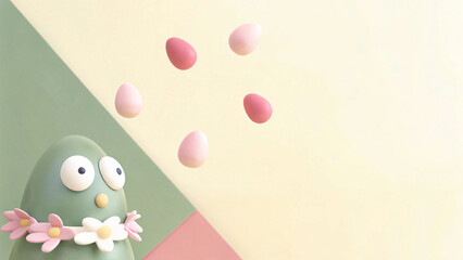 Cute Green Character with Colorful Eggs on Soft Background
