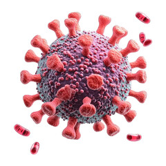 Coronavirus cell structure with protein spikes and surrounding particles isolated on transparent background, PNG
