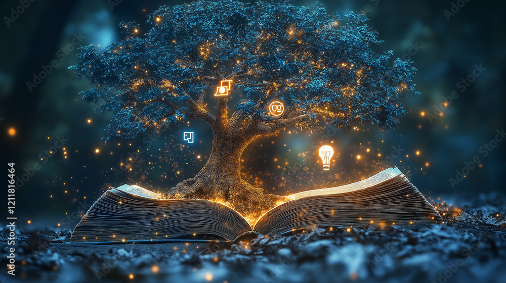 Poster tree of knowledge on the book around different icons . generative ai