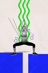 Image vertical art banner collage of serious girl coach do stretching sporty lifestyle gym exercise practicing pilates healthcare