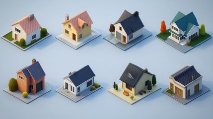 Eight isometric low-poly houses, different styles and colors.