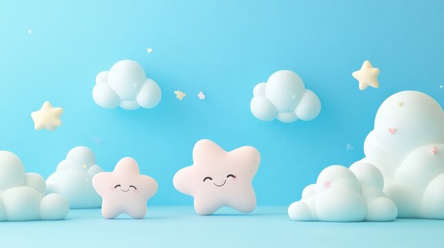 Cute Cartoon Stars and Clouds with Smiles on a Blue Background