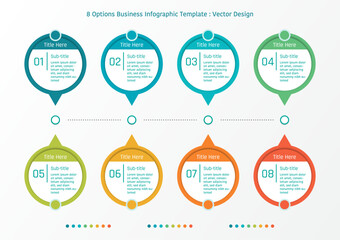 8 options business infographic template, theme of colorful circular speech bubble, also with line and textframe