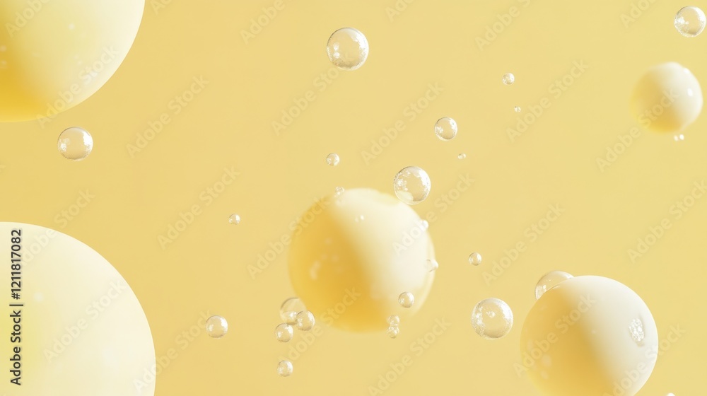 Poster yellow background with floating bubbles and spheres in soft light