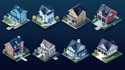 Eight isometric illustrations of diverse suburban houses.