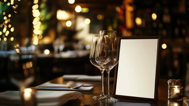 Blank menu frame on restaurant table with wine glasses.