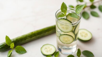 Woman showcasing a refreshing glass of cucumber water against a light backdrop, light background, cucumber