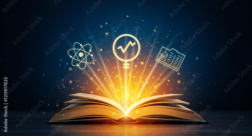 Poster open glowing book with knowledge icons . generative ai