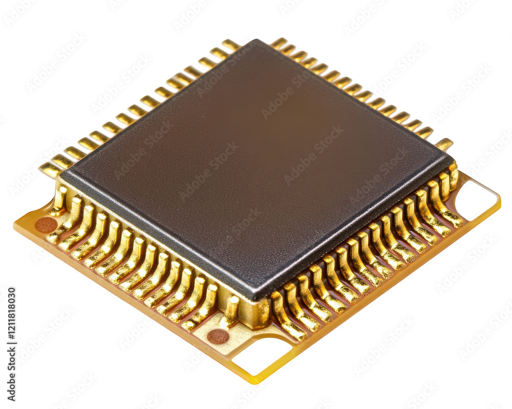 Poster microchip with gold pins on transparency background, showcasing its intricate design and technology.