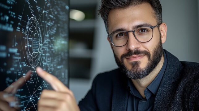 A Thoughtful Professional Engaging with Business Technology Concepts on a Blackboard as He Ponders Innovative Solutions and Strategies for Growth