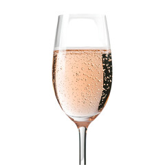 A glass of sparkling ros? wine. Bubbles rise in the pale pink liquid, filling the elegant stemmed glass.