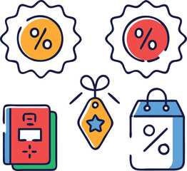 Obraz premium Colorful flat icons depicting discount offers and sales.
