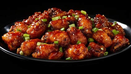A platter of delicious chicken wings with sauce and green onions, on a black background