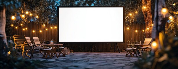A blank projector screen outdoors in a backyard setup, surrounded by fairy lights and picnic chairs