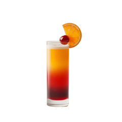 Refreshing layered cocktail with orange slice and cherry garnish. Perfect for summer!