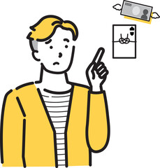 ご祝儀の支払いに悩む若い男性の指差しイラスト